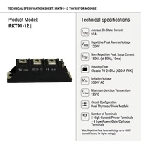 Module Thyristor IRKT91-12, Module Double SCR IRKT91/12A 91A 1200V 150mA, Boîtier IGT TO-240AA, Châssis d'Isolation 3500V
