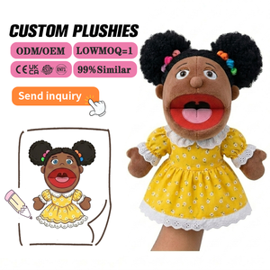 Marionnettes à main <span class=keywords><strong>en</strong></span> peluche personnalisées pour filles, OEM, décoration d'intérieur, animaux de dessin animé amusants, bouche mobile, coton PP, couleur personnalisée brodée - Product Image 1