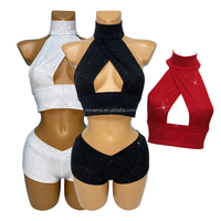 Ensemble 2 pièces streetwear pour femme avec strass, crop top et short, tenue de festival estivale bling-bling pour femme