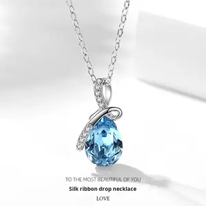 Collana in Argento Puro Tibetano con Pendente a Goccia S925, Sportiva Unisex con Zircone Blu, Vendita Calda Transfrontaliera - Product Image 3