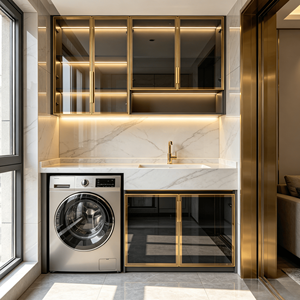 Meuble de buanderie avec <span class=keywords><strong>porte</strong></span> en verre trempé et cadre doré, éclairage LED intégré, évier intégré, lave-linge et sèche-linge, rangement de balcon, charnière <span class=keywords><strong>pour</strong></span> appartement - Product Image 1
