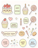 Ensemble d'autocollants décoratifs personnalisés pour anniversaire, autocollants mignons pour filles avec gâteaux, cupcakes, sucettes, cœurs et vœux
