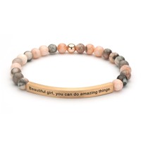 Bracelet en pierres naturelles, perles de 6 mm en pierre zèbre rose, entretoise dorée, tube en acier inoxydable, cadeau de Pâques gravé pour femme