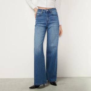 ट्रेंडी उच्च कमर वाली पूरी लंबाई वाली चौड़ी फ्लैयर जींस महिला रेट्रो डार्क ब्लू वॉश मैक्सी बूटकट डेनिम पैंट y2k फैशन - Product Image 1