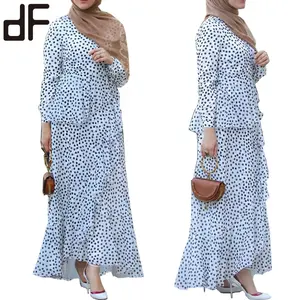 도매 터키어 현대 불규칙한 스커트 겸손한 폴카 도트 이슬람 의류 두바이 Abaya 디자인 프릴 맥시 이슬람 패션 드레스