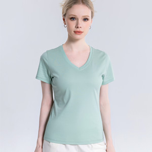 Camisetas de Verano 100% Algodón Mercerizado, Color Sólido, Manga Corta, Cuello Redondo, Corte Ajustado, Personalizables con Logotipo, Camisetas con Cuello en V para Mujer - Product Image 4