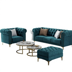Canapé sectionnel Chesterfield moderne en velours, trois places, en tissu, avec pieds en acier inoxydable, pour hôtel, villa, salon - Product Image 4
