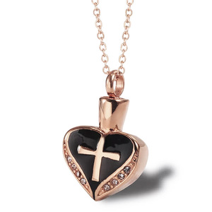 Collar con colgante de urna en forma de cruz de corazón de acero inoxidable con circonita, recuerdo conmemorativo, kit de embudo para servicios funerarios budistas - Product Image 5
