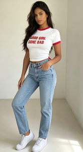 T-shirt Crop Ringer Personalizzata Y2K 'GOOD <span class=keywords><strong>GIRL</strong></span> <span class=keywords><strong>GONE</strong></span> BAD' |   Maglietta a girocollo con maniche regolari, vestibilità slim, motivo a tinta unita, stampa serigrafica in poliestere - Product Image 5
