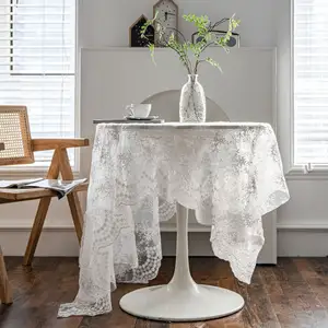 Luxury Lace Tablecloth Pink Flowers Polyester Nylon Embroidered Table Cover For Kitchen Dinning