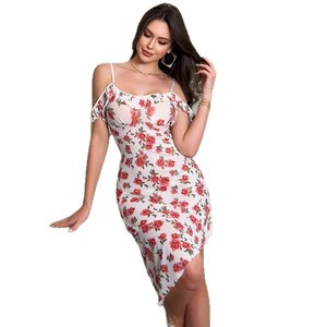 Robe de nuit asymétrique tendance sans manches B360 pour femme avec ceinture, motif floral rose, coupe ajustée à une épaule - Product Image 5