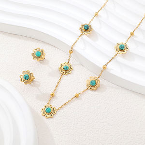 Joyería de acero inoxidable a la moda, venta al por mayor, accesorios de flores chapados en oro de 18 quilates, collar de turquesa de piedra Natural, conjuntos de pendientes - Product Image 6