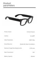 Lunettes caméra IA 8MP 1080P HD avec traduction en temps réel, audio sans fil, appels mains libres intelligents, assistant vocal, légères
