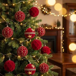 Ensemble de 9 décorations de Noël de luxe en velours rouge, ornements peints à la main avec paillettes dorées, boules incassables élégantes pour suspendre sur l'arbre de Noël - Product Image 3