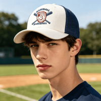 Casquette Trucker Blanche avec Dos en Maille Marine, Logo Brodé Personnalisé (Gant de Baseball, Batte), OEM ODM, Réglable, pour le Sport