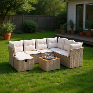 Ensemble de canapés de jardin beige 6 places en rotin, mobilier d'extérieur avec rangement, design contemporain - Product Image 2