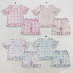 En Stock, Conjuntos de Pijamas con Lazos de Flores para Bebés y Niñas, Camisetas de Manga Corta y Pantalones Cortos - Product Image 1