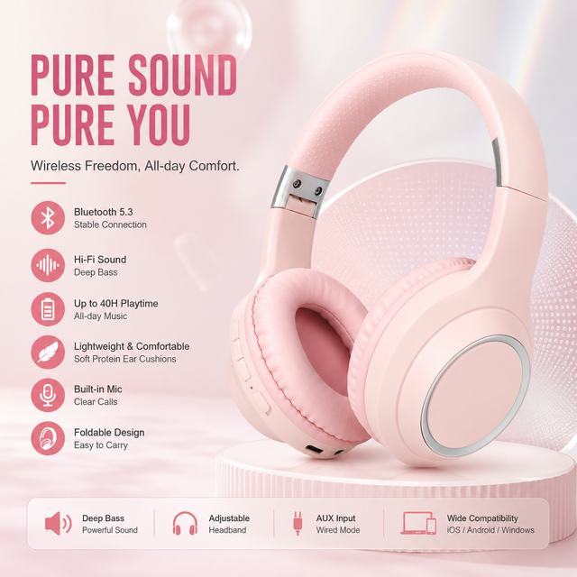 Wireless Pink Headphones BT5.3 TWS Over-ear Headphones Sports Running Gaming With 3.5mm Audio Headset
