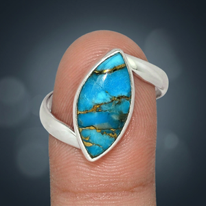 925 Solid Sterling Silver Copper Turquoise Gemstone Bezel Setting Party <b>Ring</b> Fine Jewelry for Women - Product Image 2