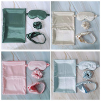 Set Masker Mata & Sarung Bantal Satin Seperti Sutra Anti Cahaya 4pcs dengan Aksesoris Rambut Scrunchies Kotak Hadiah Pelindung Mata