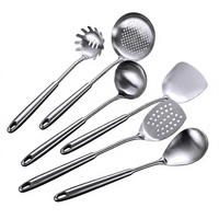 Ensemble d'ustensiles de cuisine en acier inoxydable 304, 6 pièces, kit d'outils de cuisson, spatule, louche, écumoire, cuillère à pâtes, cuillère ajourée