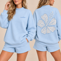 Ensemble décontracté deux pièces surdimensionné pour femme avec col montant, sweat-shirt et short brodés avec appliques en dentelle