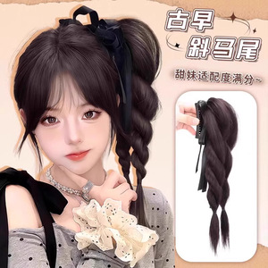 Double tresses avec pinces, élastique à cheveux pour queue de cheval haute, style réaliste et moelleux, tricoté à la main pour femme - Product Image 4
