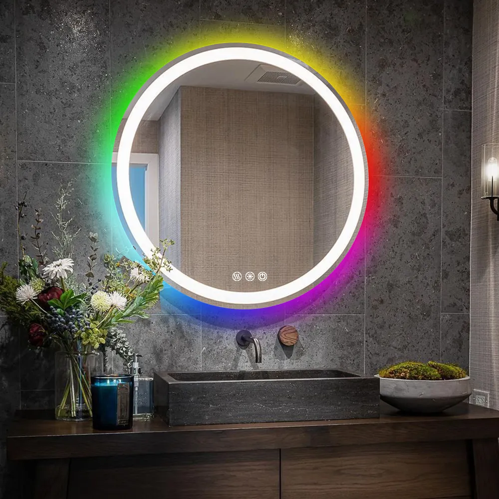 Specchio da bagno rotondo con luce RGB specchio che cambia colore specchio intelligente con mouse da parete antiappannamento dimmerabile