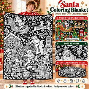 Couverture à colorier Père Noël DIY, tissu en flanelle pour Noël, art de gribouillage noir et blanc pour enfants et adultes - Product Image 1