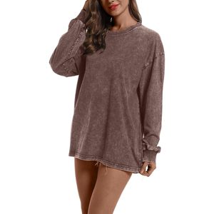 Camiseta de Manga Larga Oversize con Cuello Redondo FOXA para Mujer, Ajuste Holgado, Estilo Vintage, Lavado Ácido, Color Sólido, Talla Grande, Sudadera de Algodón - Product Image 3
