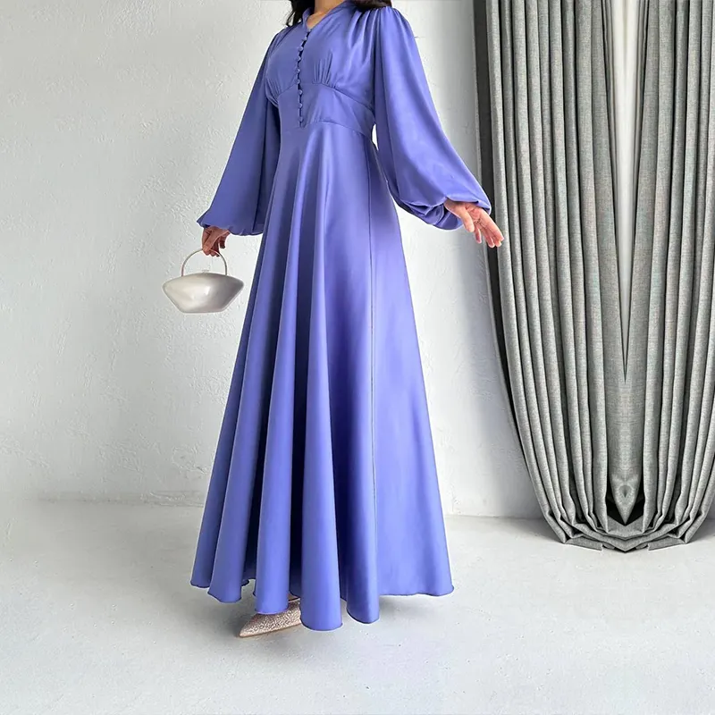 Fábrica de encargo señora musulmana abaya vestidos de noche al por mayor ropa islámica satén obispo manga Maxi vestido de noche