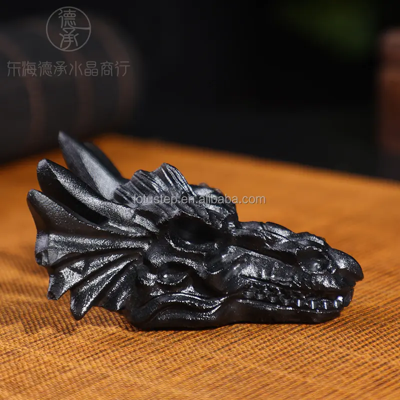 Crâne de Dragon en cristal sculpté à la main, Quartz naturel de haute qualité, artisanat en obsidienne noire pour la décoration