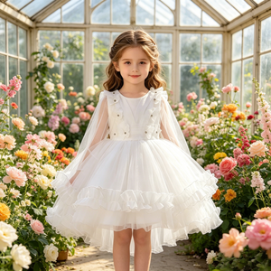 Abito <span class=keywords><strong>da</strong></span> <span class=keywords><strong>bambina</strong></span> bianco con coda asimmetrica, in tulle a strati con volant e perline a <span class=keywords><strong>farfalla</strong></span>, per damigelle e feste - Product Image 4