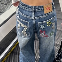 Jeans rétro bleu foncé pour homme, coupe ample, patchwork étoile brodé, denim extensible