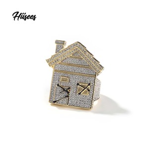 Mode hommes anneaux or argent couleur <span class=keywords><strong>maison</strong></span> anneau glacé Bling pavé Zircon géométrie anneau breloques fête cadeau quotidien - Product Image 1