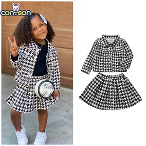 康尼森工厂新款设计师儿童套装秋季女童套装格子夹克外套 + 迷你裙两件套童装套装