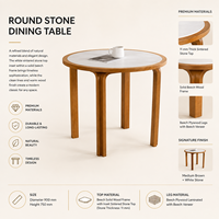 Table à manger en pierre frittée, surface blanche 11 mm, structure en bois de hêtre massif, design rond pour la maison, le restaurant, l'hôtel, la cuisine