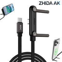Câble de charge rapide 240W avec support de téléphone pliable, cordon de données coudé à angle droit pour téléphone, tablette, ordinateur portable et accessoires de jeu