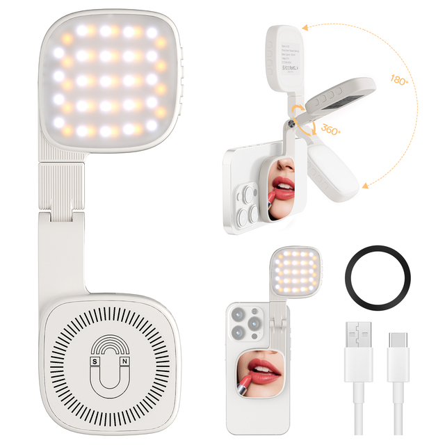 Foldable LED Ring Light Rechargeable Magnetic Selfie Lamp with Mirror 3 -colors Adjustable Light Modes Phone Led Selfie