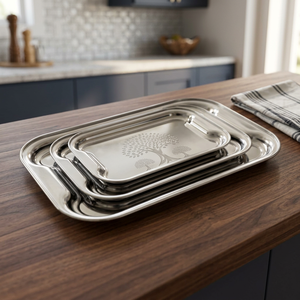 Ensemble de plateaux de service en acier inoxydable, finition métallique polie, durable, usage résidentiel, passe au lave-vaisselle, motif uni - Product Image 3