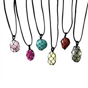 Wholesale Natural Assorted Crystal Macrame Net Pendant Necklace Rose Quartz Pink Agate Turquoise Goldstone Green Anniversary - Product Image 1