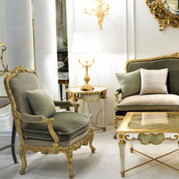 Table d'appoint ronde de style baroque européen, en bois massif, avec plateau en verre antique fait main et pieds en acrylique