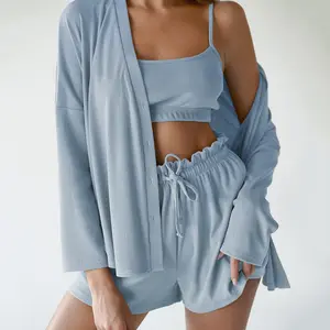 नाइटवियर वस्त्र 3 टुकड़े लाउंज पहनने सेट महिलाओं Loungewear काटने का निशानवाला टैंक टॉप और शॉर्ट्स पजामा और पाजामा