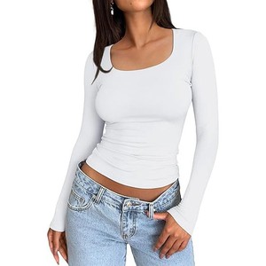 Women's Pink <b>Long</b> <b>Sleeve</b> <b>Crop</b> <b>Top</b> Scoop Neck Slim Fit Ruched Knitted Breathable Solid Color T-Shirt Spring Summer Style - Product Image 3