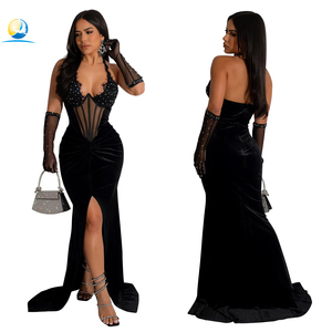 <span class=keywords><strong>Robe</strong></span> de soirée élégante pour <span class=keywords><strong>femme</strong></span>, longue, sans manches, en polyester, avec col halter et laçage, fente avant, pour bal de promo - Product Image 1