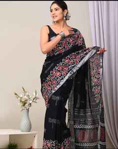 Lin original avec argent Jari Patta Beau sari en lin doux de créateur Saree à impression numérique - Product Image 6