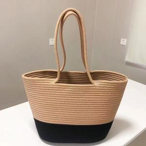 Cotton Rope Woven Tote Bag Solid Color Horizontal <b>Square</b> Summer Beach Bag For Women Everyday Use - Product Image 1