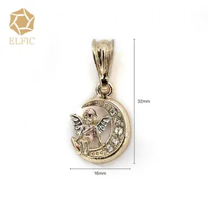 Elfic Moon And Cupid Children's Pendant Lovely Charm Jewelry Religious Zircon 14K Gold Plated Unique Fashion Copper Alloy