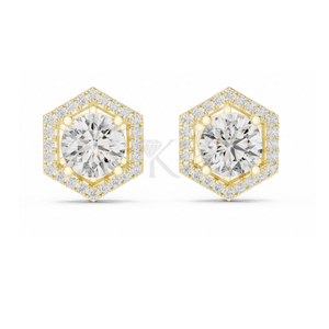 Boucles d'oreilles hexagonales inspirées de l'Art Déco avec halo de diamants ronds, dotées de fermoirs à vis sécurisés, bijoux fins élégants et minimalistes, parfaits - Product Image 1