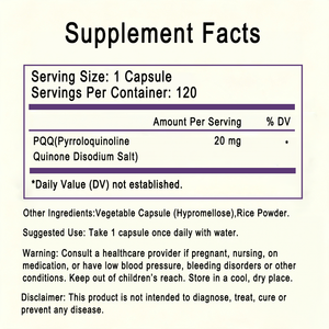 Cápsulas de PQQ de 20 mg por Porción, 120 Cápsulas Vegetales, Suplemento Dietético de Pirroloquinolina Quinona, OEM, ODM, Etiqueta Privada Personalizada - Product Image 2